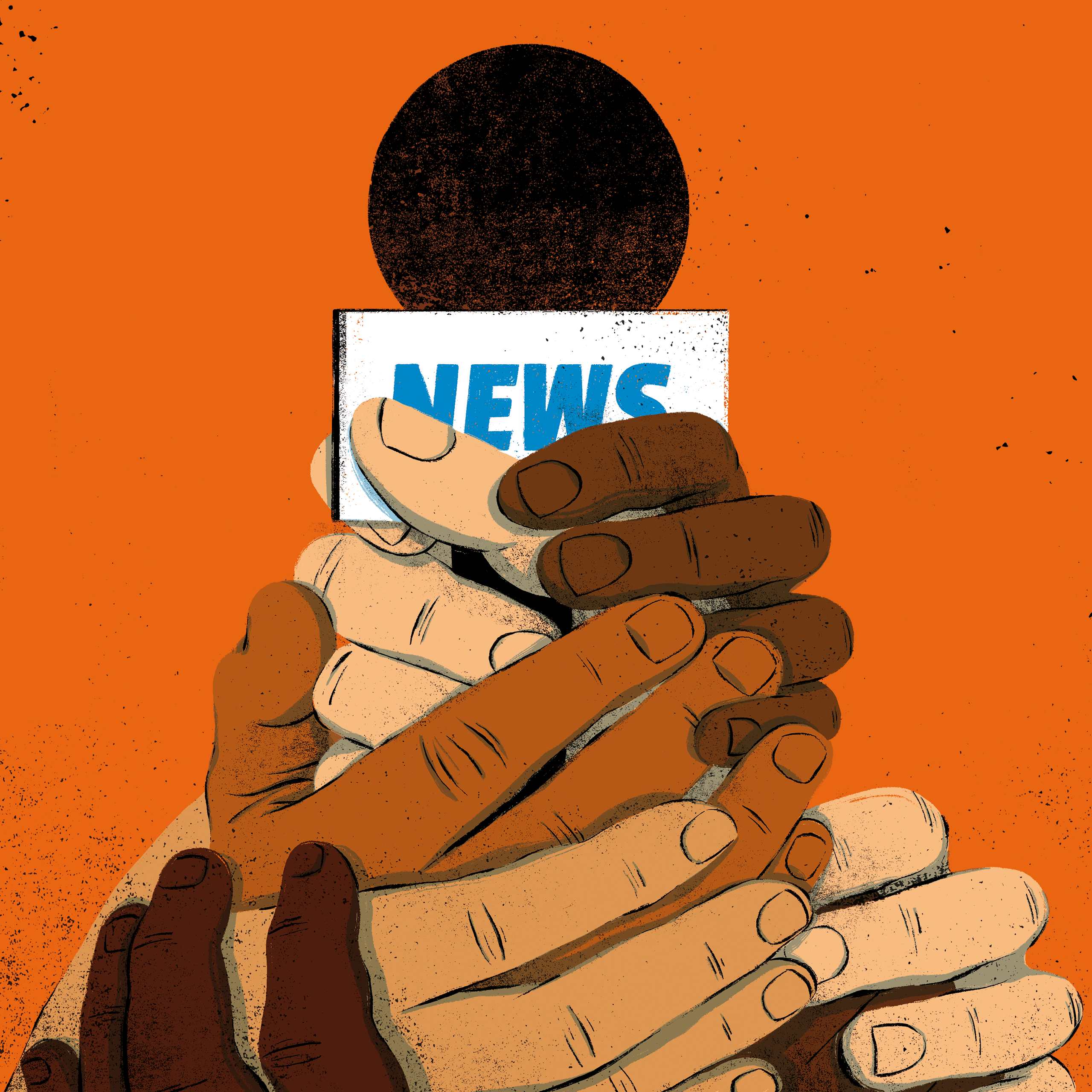 An image showing many hands on a microphone representing collaboration in journalism